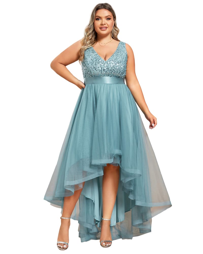 Front of a model wearing a size 10 Sleeveless Sequin Ribbon Waist Tulle High Low Evening Dress in Dusty Blue by Ever-Pretty. | dia_product_style_image_id:324525